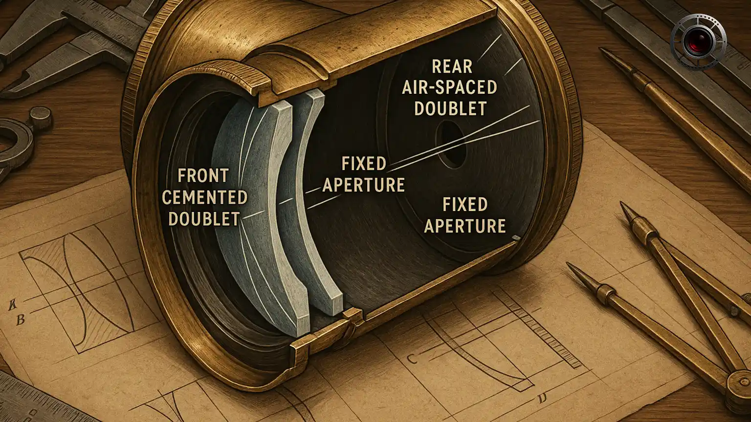 آناتومی داخلی لنز پرتره پتزوال با نمایش ساختار عدسی‌ها و بدنه برنجی