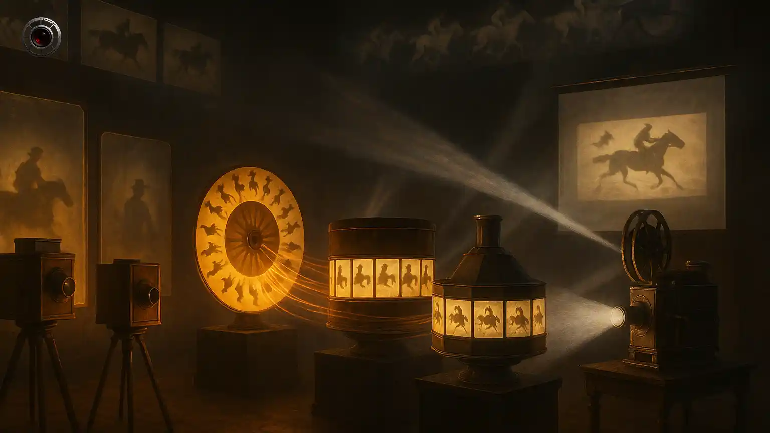 تصویر هنری از گذار تاریخی از عکس‌های ثابت به تصاویر متحرک و اختراعات ابتدایی سینما.