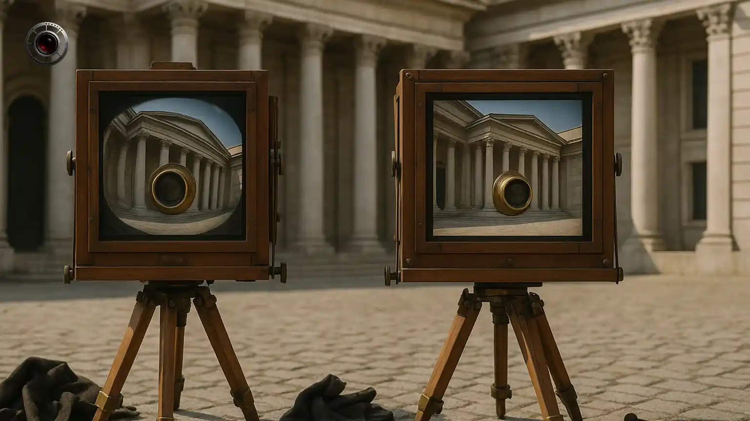 مقایسه عملکرد دو دوربین قرن نوزدهم در عکاسی زاویه‌ باز: یکی با اعوجاج شدید و دیگری با لنز گلوب با تصویر صاف و بدون انحنا.