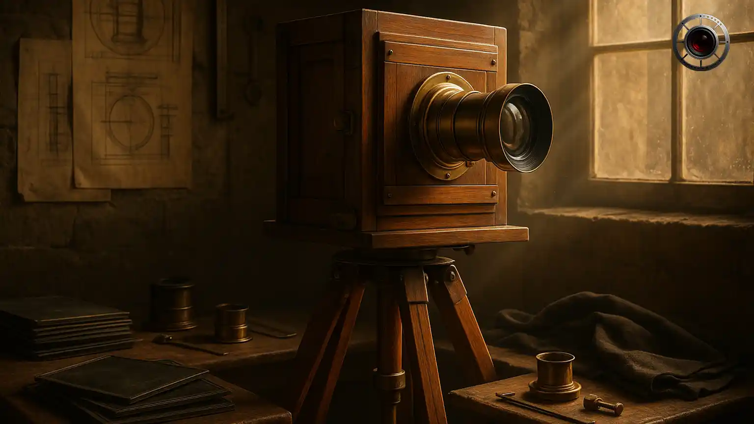 نمایی دقیق از لنز آکروماتیک منظره قرن نوزدهم نصب‌شده روی دوربین چوبی بزرگ در کنار صفحات شیشه‌ای نگاتیو و ابزارهای نوری کلاسیک، زیر نور گرم طبیعی