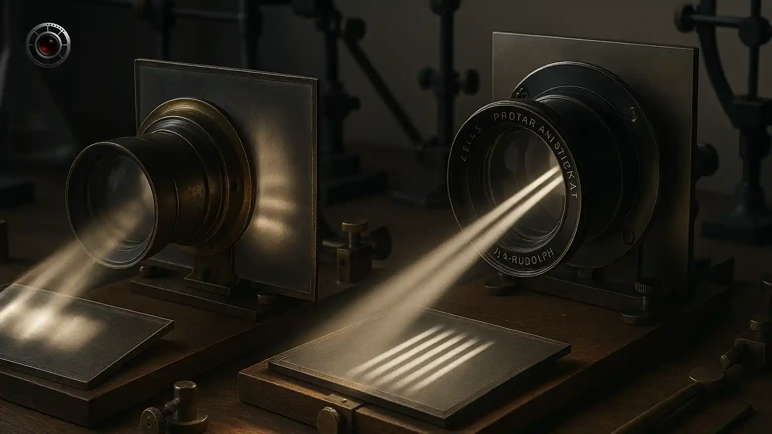 دو لنز قدیمی روی میز تست اپتیکی، یکی با پرتوهای نوری ناهمگن نشان‌دهنده آستیگماتیسم، دیگری با نورهای موازی فوکوس شده متعلق به لنز آناستیگمات رودولف.