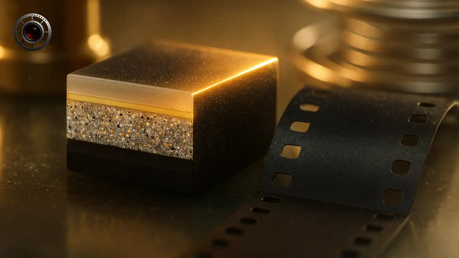 برش ماکرو از لایه‌های فیلم عکاسی، امولسیون ژلاتینی با بلور هالید نقره، لایه ضد هاله، پایه استات یا پلی‌استر، و نمونه رم‌جت سینمایی