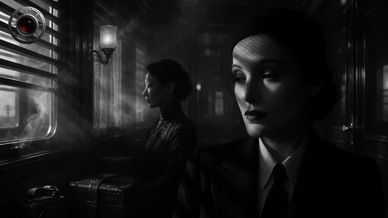 سایه‌پردازی به سبک جوزف فن اشترنبرگ در فضای واگن لوکس دهه ۱۹۳۰؛ پرتوهای باریک از کرکره‌ها بر چهره‌ و دیوار می‌افتد، سیلوئتِ الهام‌گرفته از دیتریش در پیش‌زمینه و پروفایل ظریف دیگری در پس‌زمینه با نور حاشیه‌ای، اشاره‌ای به ظرافت بصری شانگهای اکسپرس و روایتِ پنهانِ سایه‌ها.