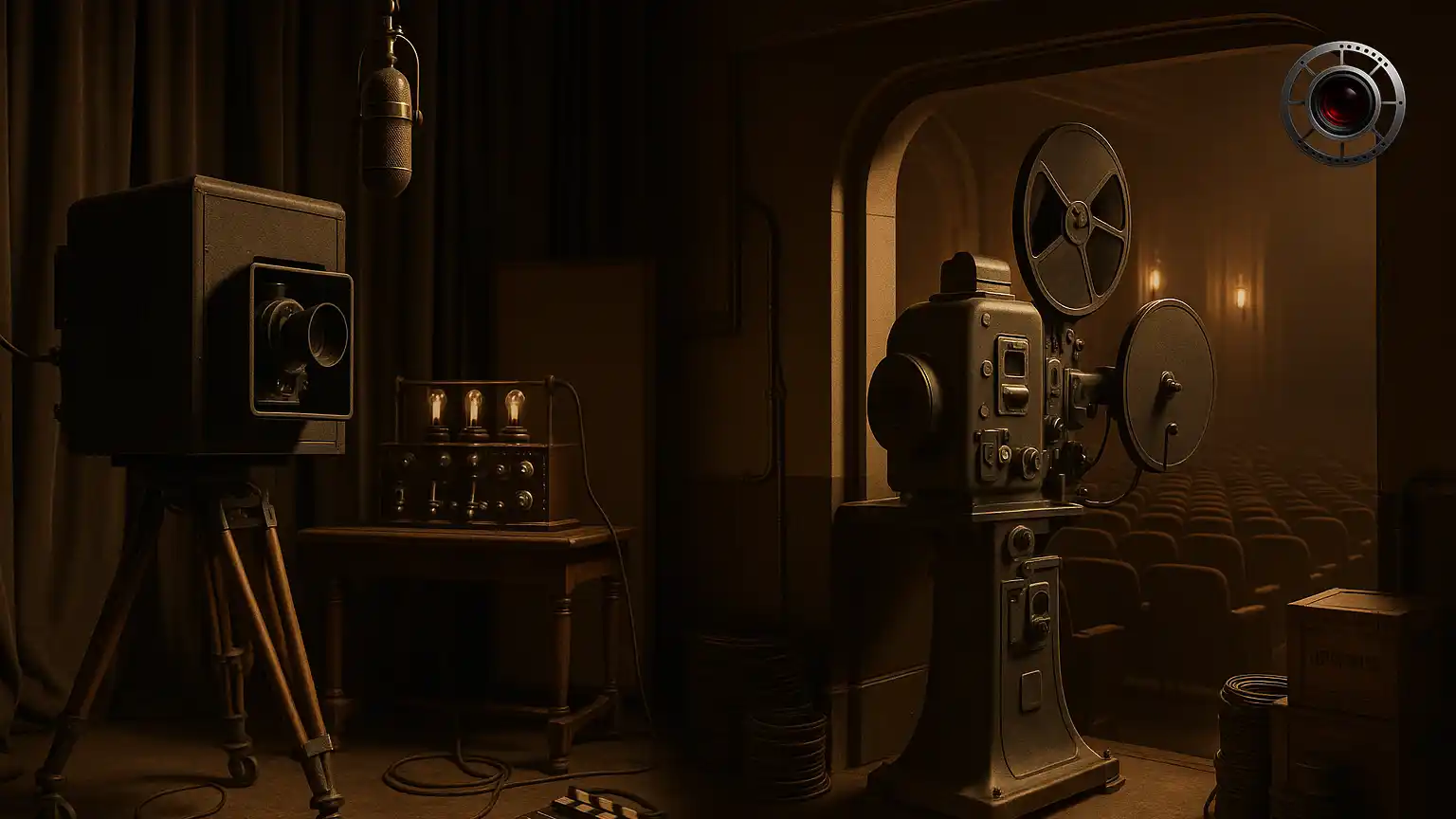 سالن و استودیوی دهه 1920 با تجهیزات ناطق شامل دوربین در محفظه عایق صدا میکروفون معلق رک آمپلی فایر لامپی و پروژکتور با هد صوتی و صفحه همزمان