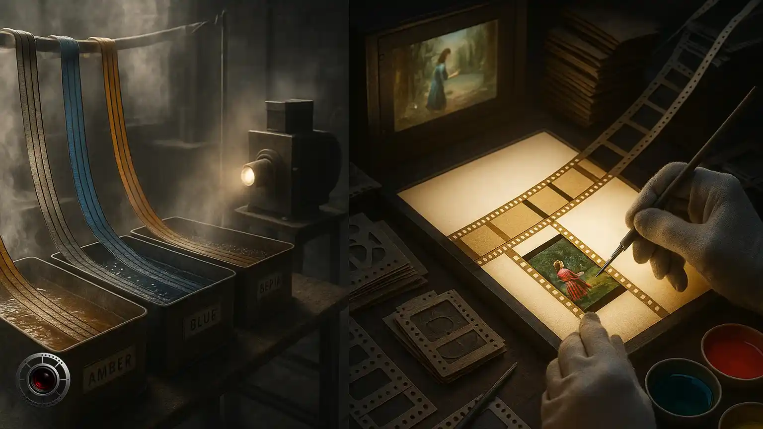 نمای نزدیک از کارگاه رنگآمیزی فیلم در دوران صامت؛ سمت چپ رنگدهی نواری با وانهای کهربایی و آبی، سمت راست رنگآمیزی دستی فریمها روی میز نور