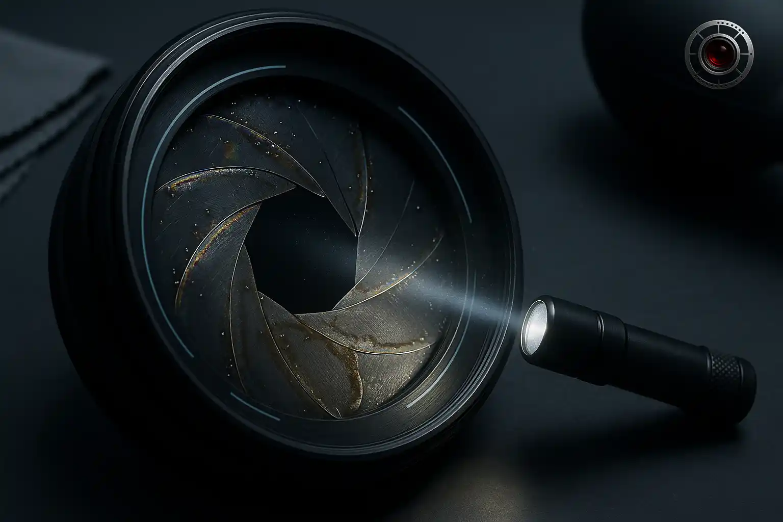 نمای ماکرو از تیغههای دیافراگم لنز با نشانههای روغنزدگی