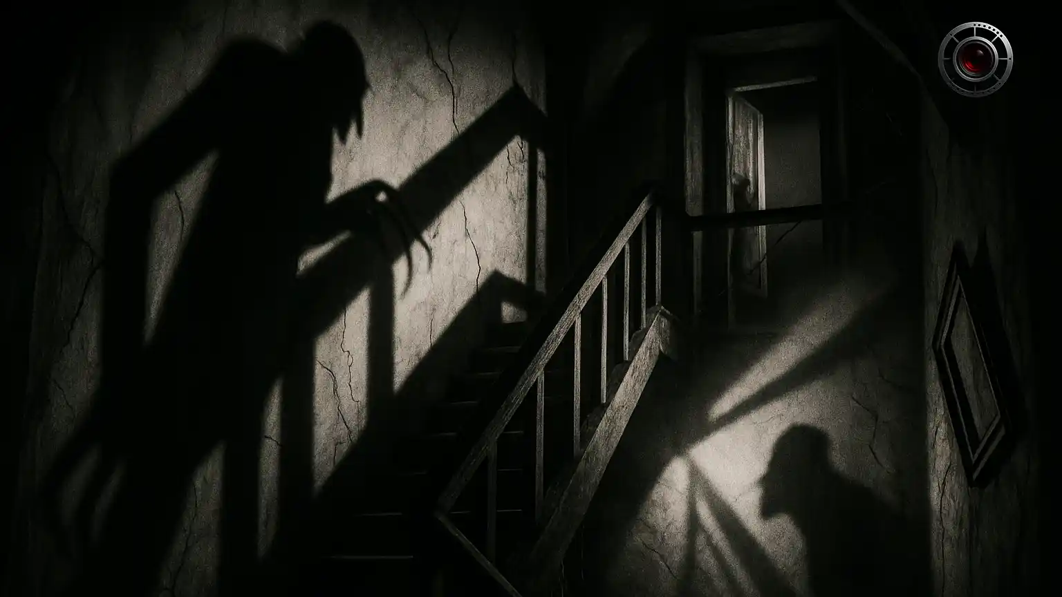 سایه‌ی کشیده و عنکبوتی نوسفراتو که روی دیوارِ پلکان بالا می‌خزد، با نور سخت و کنتراست شدید به سبک اکسپرسیونیسم آلمانی؛ جزئیات ترک گچ، پله‌های فرسوده و مهِ نازک، نقش سایه را به ابزار روایت در سینمای صامت تبدیل می‌کند.