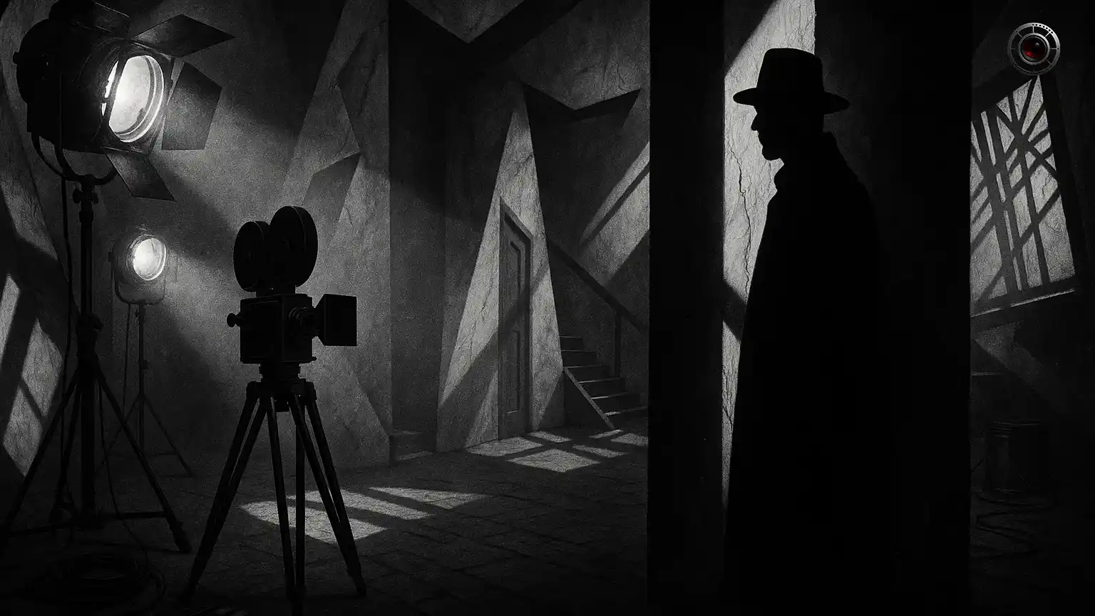 صحنه سیاه‌وسفید به سبک دهه ۱۹۲۰ با دکور اکسپرسیونیستی، نورهای فرزنل که پرتوهای تیز ایجاد کرده‌اند، سایه‌های نقاشی‌شده روی دیوار و زمین، دوربین هندل‌دار روی سه‌پایه و سیلوئت یک فرد که در برشی از نور دیده می‌شود؛ تاکید بر کنتراست شدید و فضای مه‌آلود برای نمایش نقش سایه و نور در روایت سینمای صامت