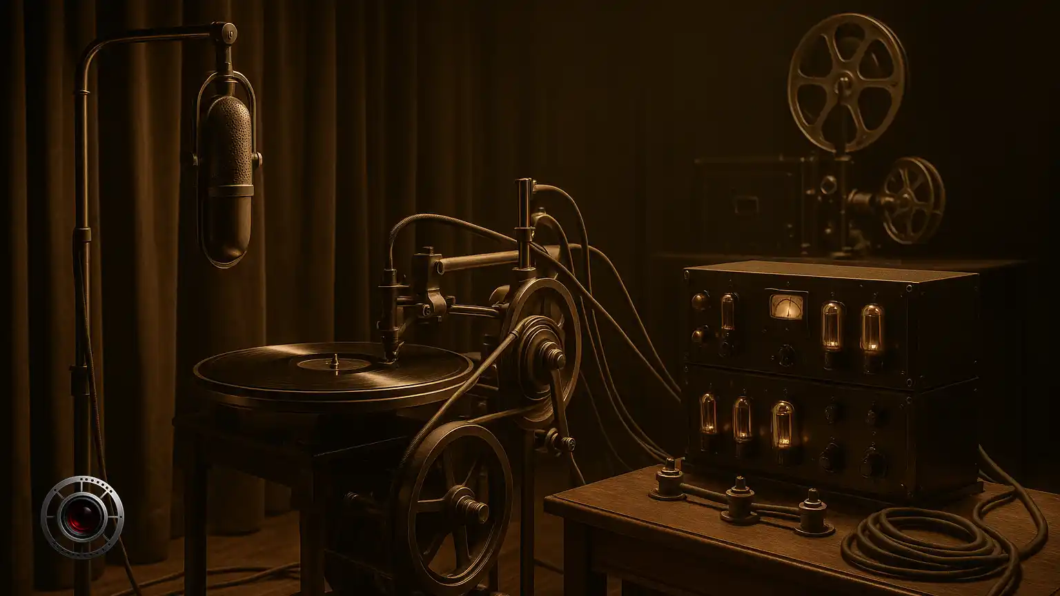  ضبط ویتافون شامل میکروفون کندنسر وسترن الکتریک دستگاه برش دیسک شانزده اینچی رک آمپلی فایر لامپی و پروژکتور همزمان