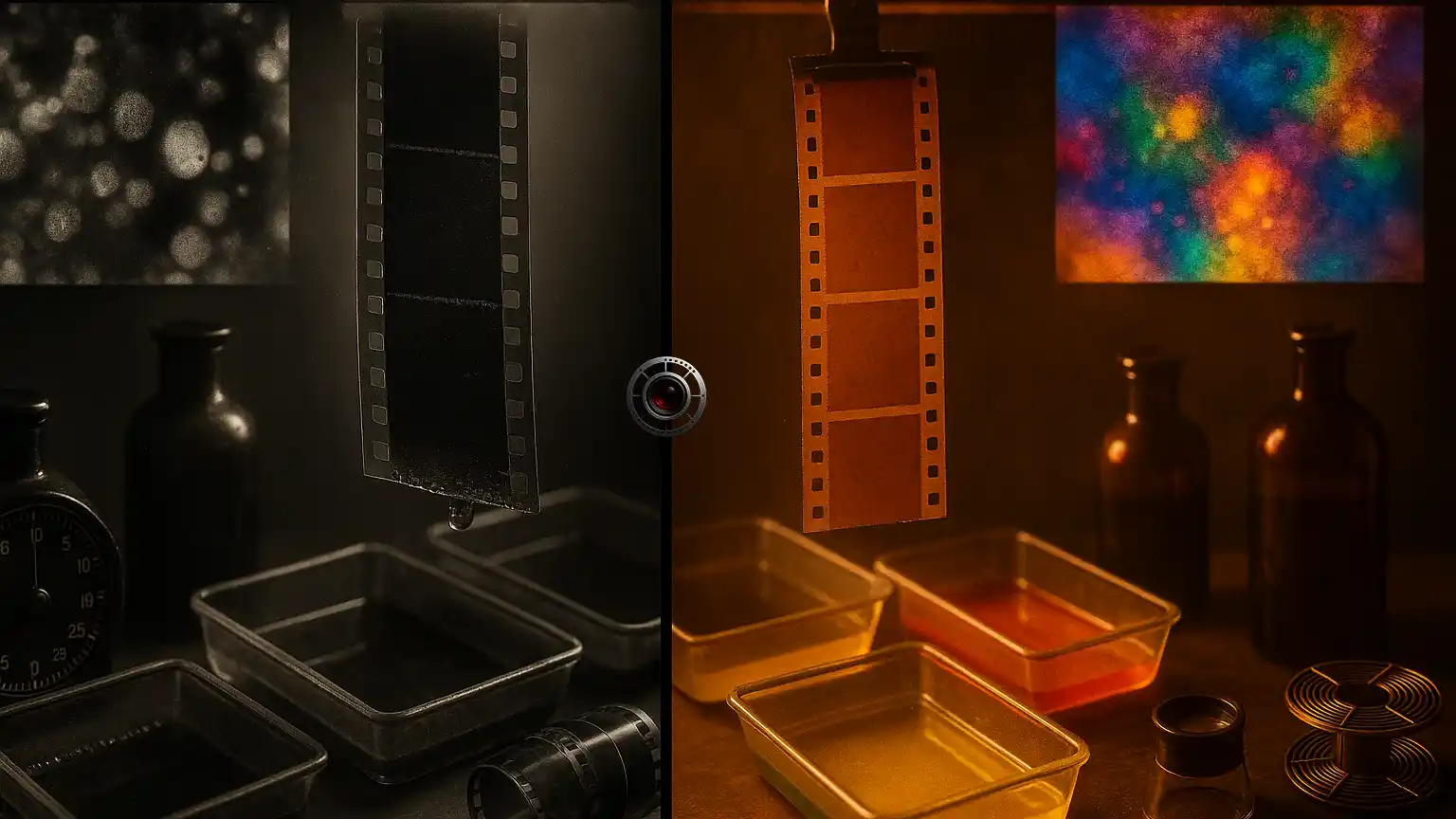 چپ: تشکیل تصویر نقره‌ای در امولسیون ژلاتینی سیاه‌وسفید؛ راست: ایجاد رنگ‌های مکمل در فیلم نگاتیو رنگی چندلایه با ماسک نارنجی پس از بلیچ و فیکس