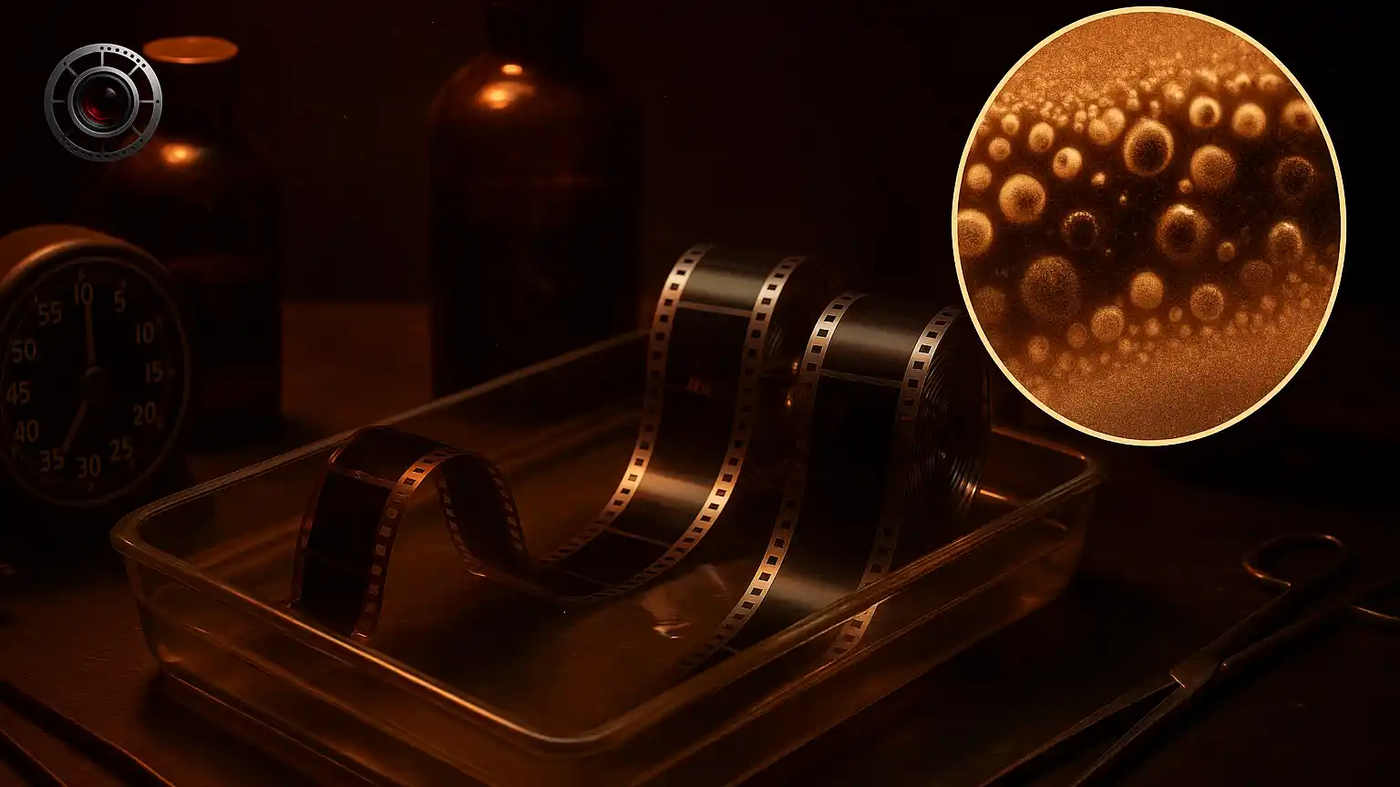 سینی شيشه‌ای حاوی محلول ظهور قلیايی و نوار ۳۵ ميليمتری که با رشد دانه‌های نقره از تصوير نهفته به تصوير تيره تبديل می‌شود