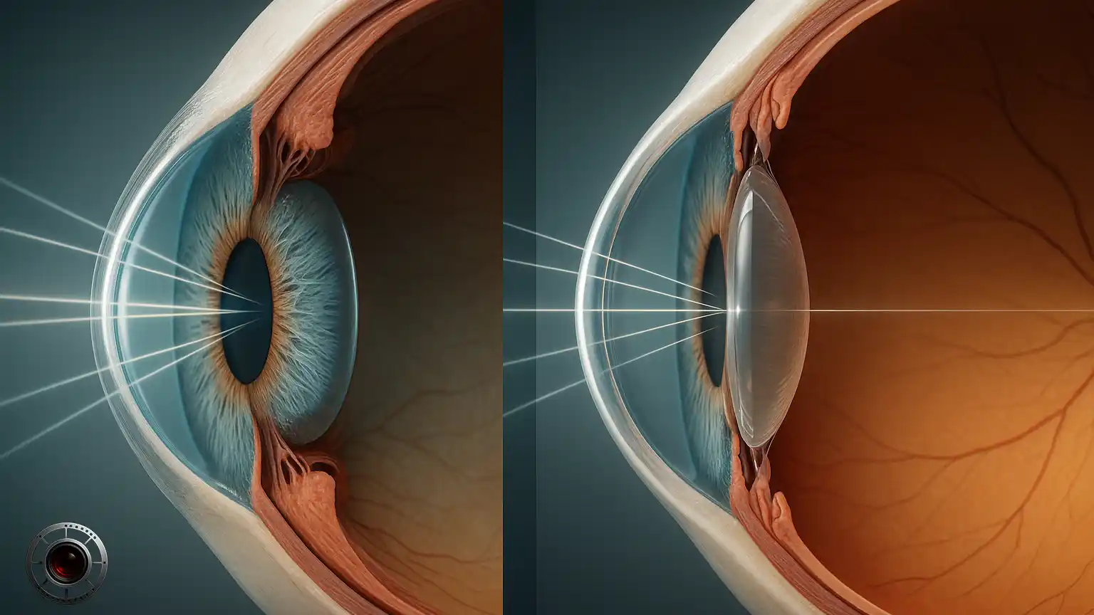 برش مقطعی دقیق از چشم انسان که پس از عبور نور از قرنیه، ورود آن به زلالیه، عبور از مردمک و رسیدن به عدسی را نشان می‌دهد؛ نمایش هم‌زمان دو حالت تطابق: سمت چپ با عدسی ضخیم و محدب برای فوکوس نزدیک و سمت راست با عدسی تخت‌تر برای فوکوس دور، همراه با عضله مژگانی 