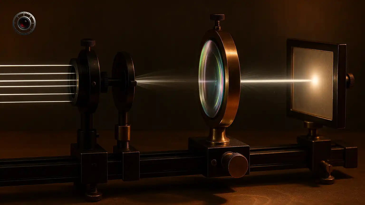 نمای جانبی همگرایی پرتوهای موازی در عدسی محدب و تشکیل نقطه کانونی