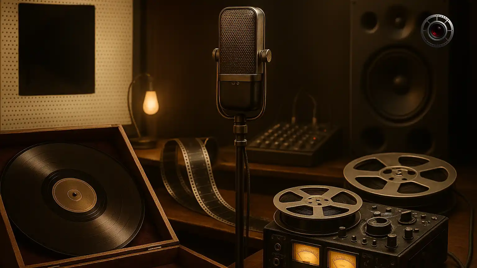 ترکیب نمادین از میراث صوت در سینما شامل دیسک شانزده اینچی نوار ۳۵ میلیمتری با ترک نوری ریل مغناطیسی دستگاه ضبط ریل به ریل میکروفون روبان و آرایش بلندگوهای چندکاناله سالن