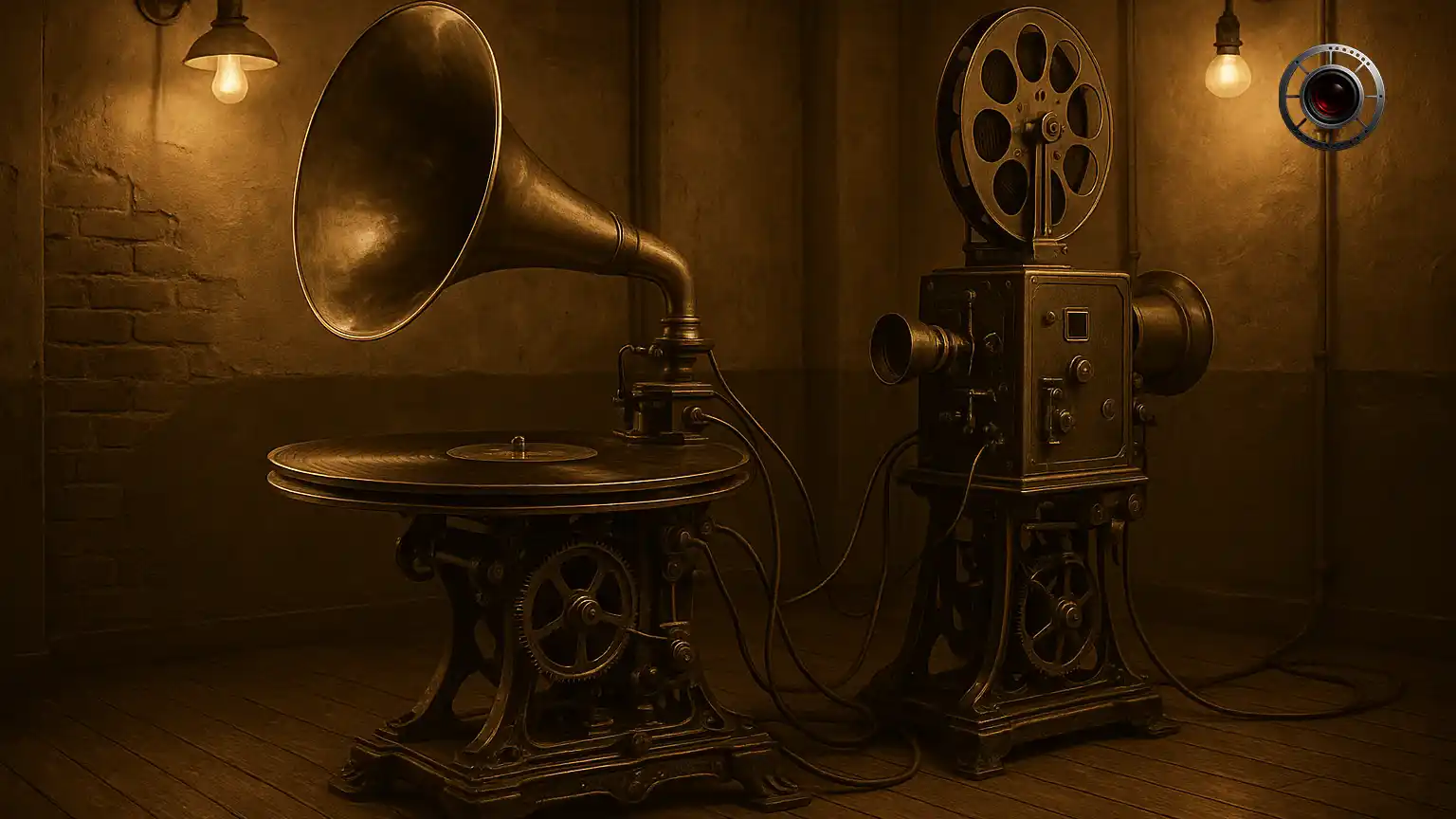  دستگاه صوتی کرونوفون شامل گرامافون دیسکی و پروژکتور متصل به آن روی پایه فلزی