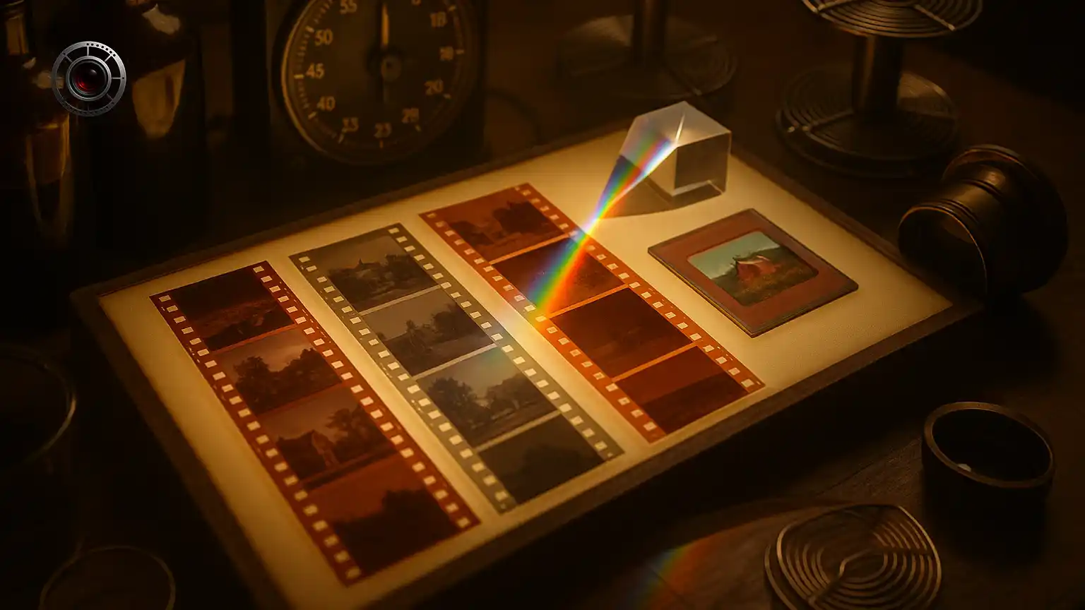 نگاتیو سياه‌وسفيد ارتو و پان‌کروماتيک کنار نگاتیو رنگی با ماسک نارنجی و اسلايد کوداکروم روی ميز نور تنگستن