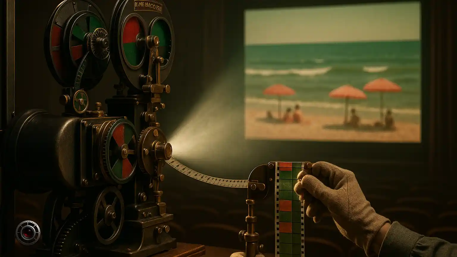 نمای نزدیک از پروژکتور دوفیلتره کینماکالر با فیلترهای قرمز و سبز در حال نمایش صحنه ساحل روی پرده