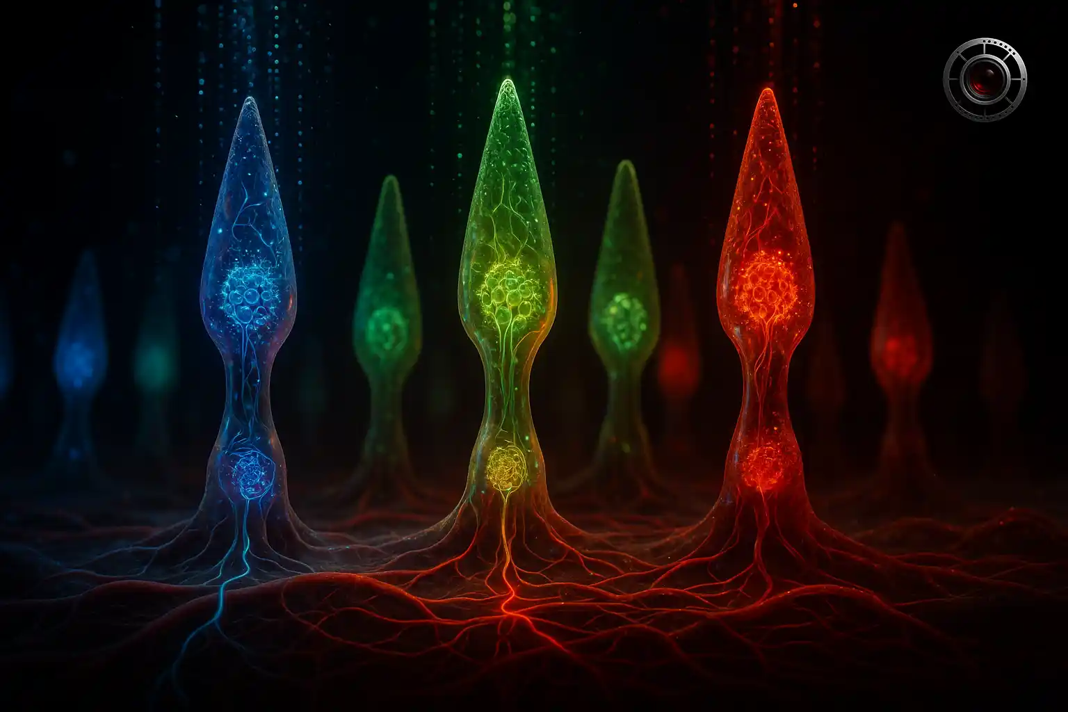 درک نور در سه سلول مخروطی آبی، قرمز و سبز در شبکیه چشم