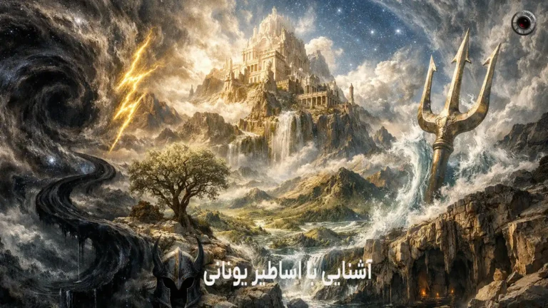 گذار از آشوب به نظم المپی و ساختار خدایان با نمادهای اصلی و رود استوکس