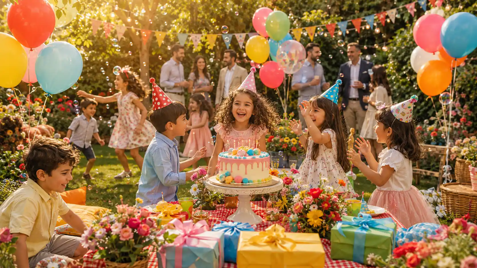 عکاسی جشن تولد کودک در باغ با بادکنک، نور عصرگاهی، رنگ‌های شاد و لحظه‌های طبیعی بازی