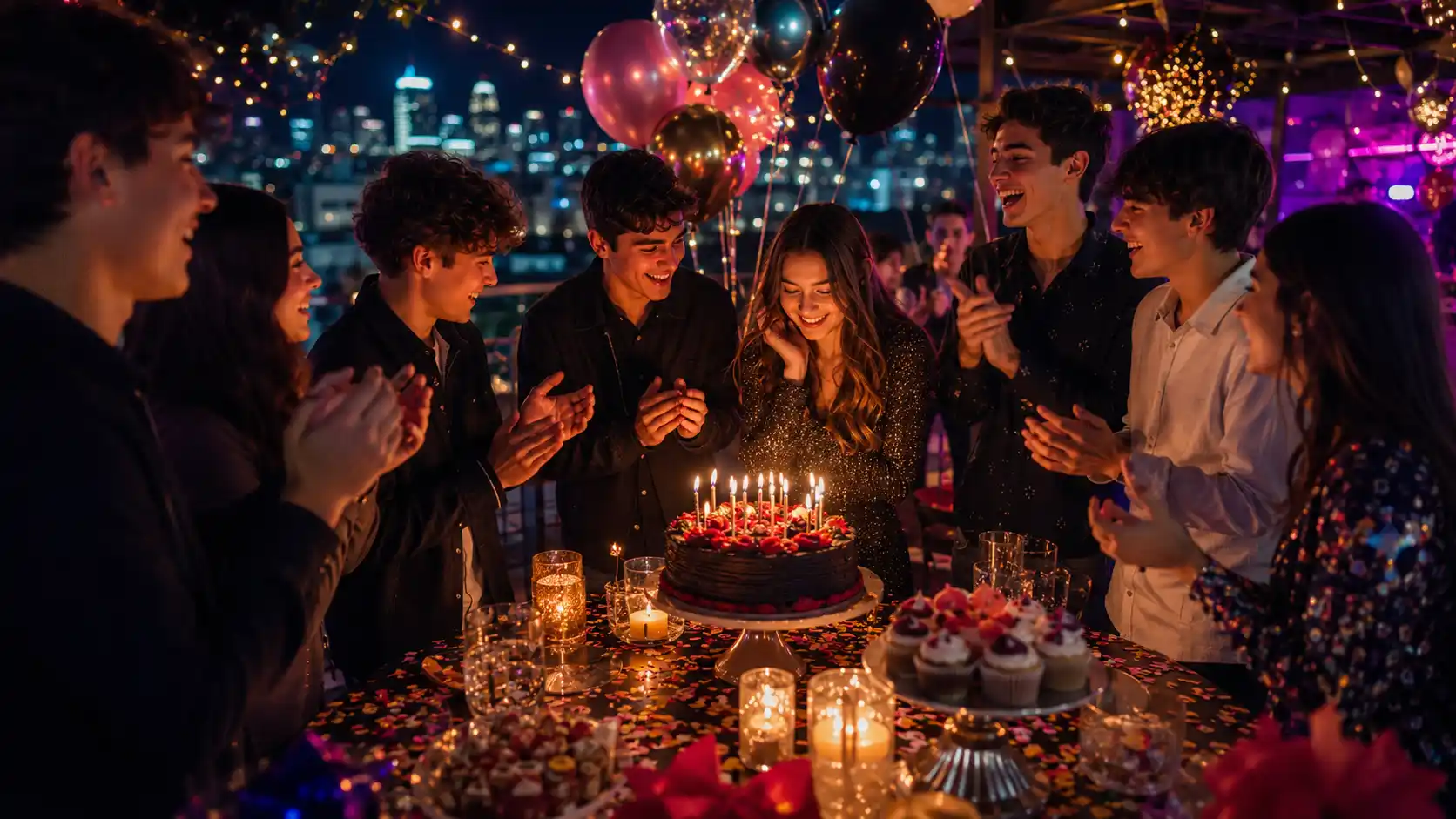 عکاسی تولد نوجوان در شب با نور شمع، ریسه‌های نوری، بادکنک و فضای سینمایی دوستانه