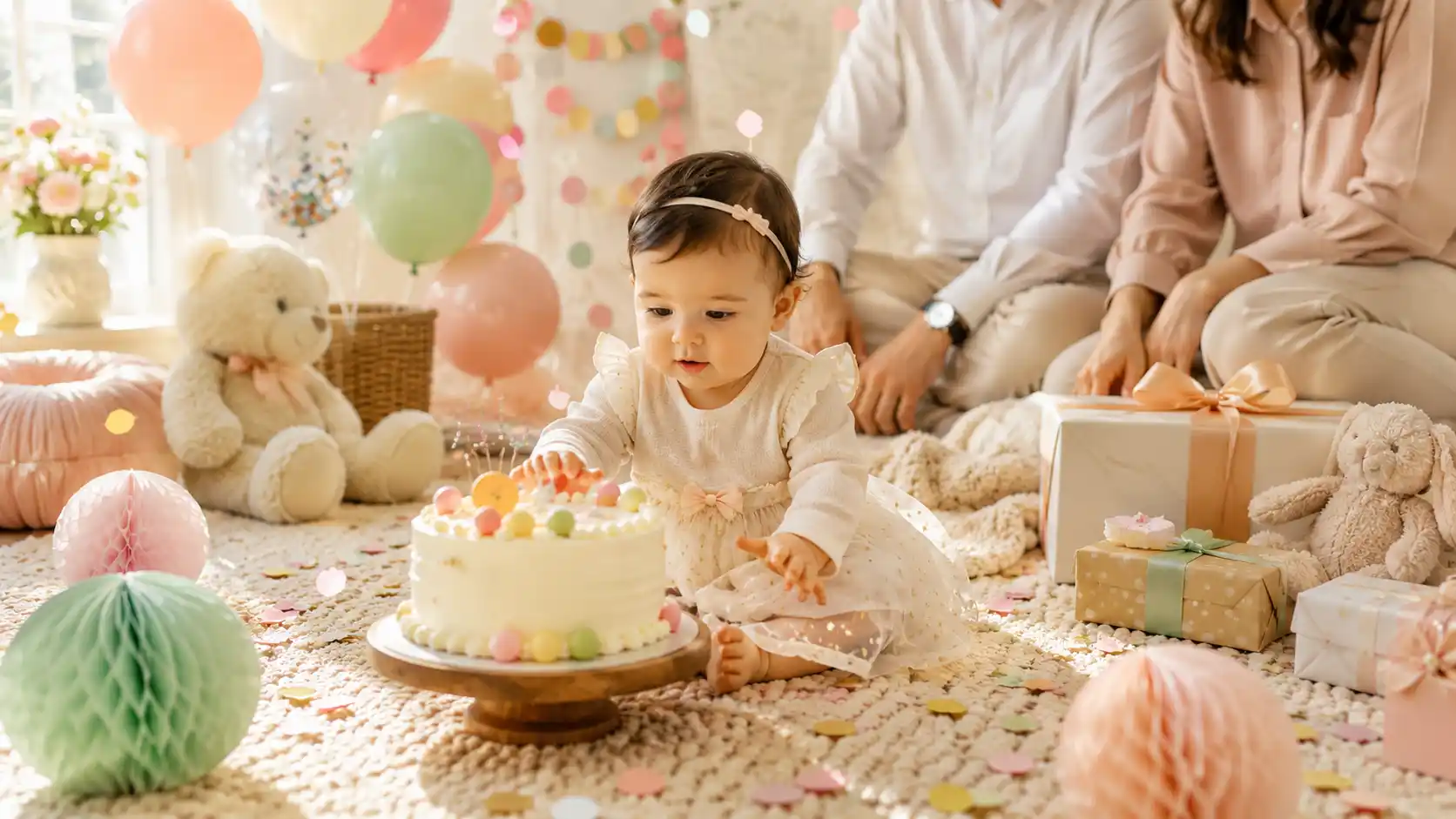 عکاسی تولد نوزاد با نور طبیعی پنجره، کیک کوچک، بادکنک رنگی و فضای گرم خانوادگی