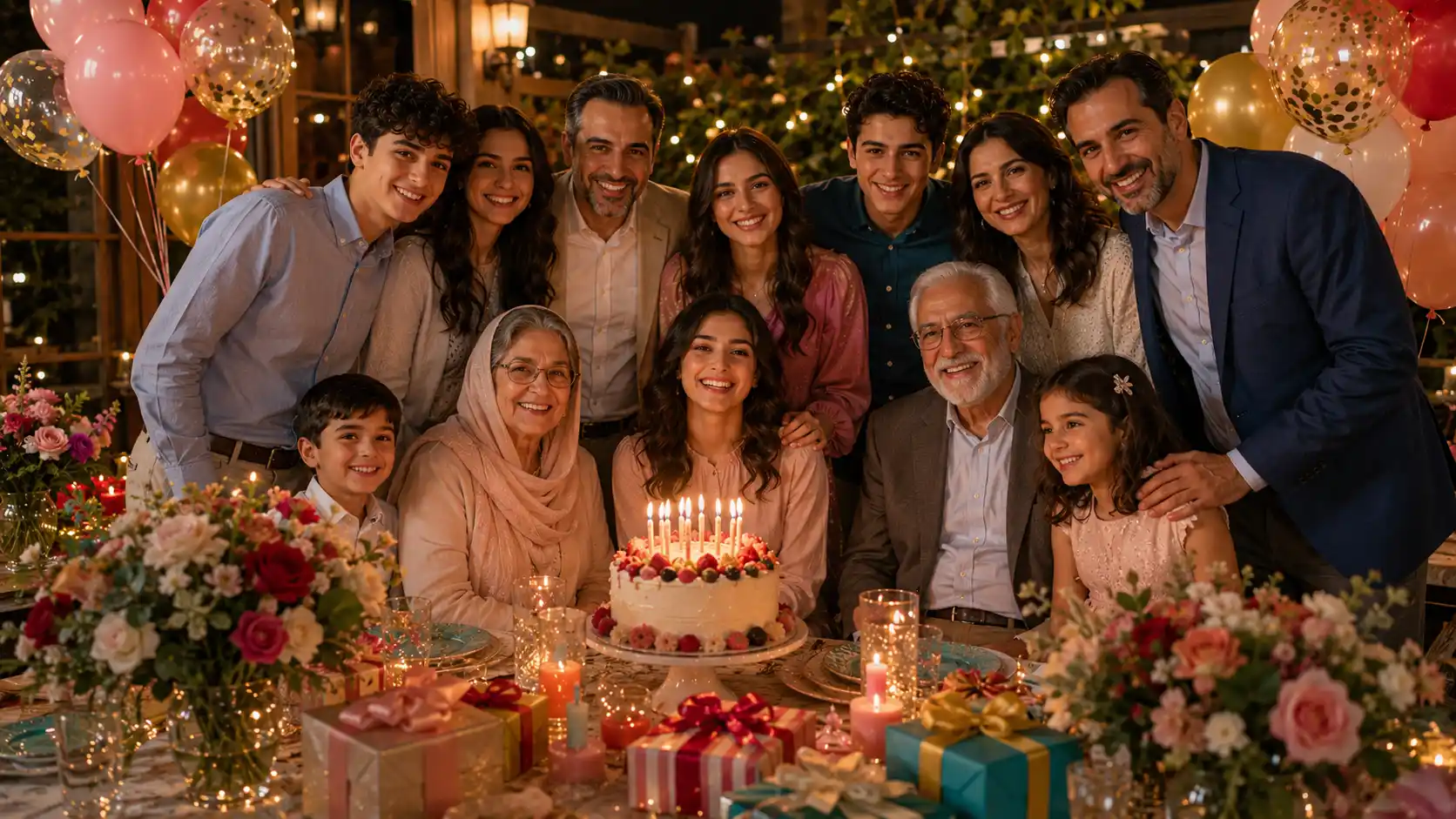 عکاسی گروهی خانوادگی در جشن تولد کنار کیک، بادکنک، شمع و دکور رنگی تولد