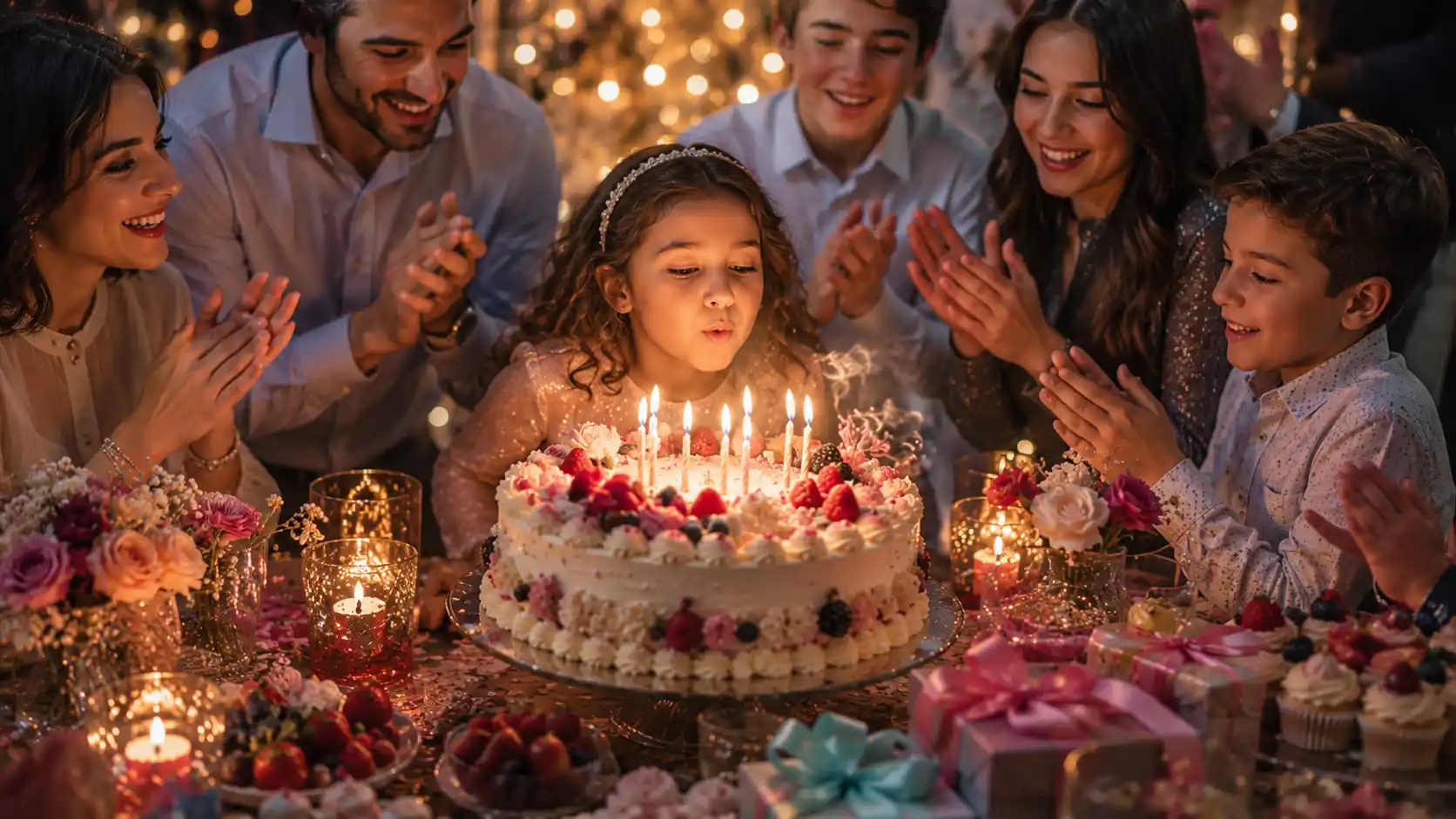 عکاسی لحظه فوت کردن شمع تولد با نور گرم کیک، چهره احساسی و ترکیب‌بندی نزدیک