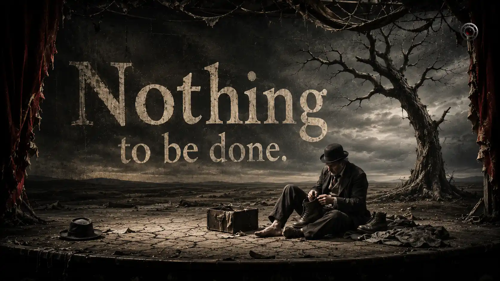 صحنه واقع‌گرایانه از انتظار و ناتوانی در جهان ساموئل بکت با تایپوگرافی نقل‌قول Nothing to be done